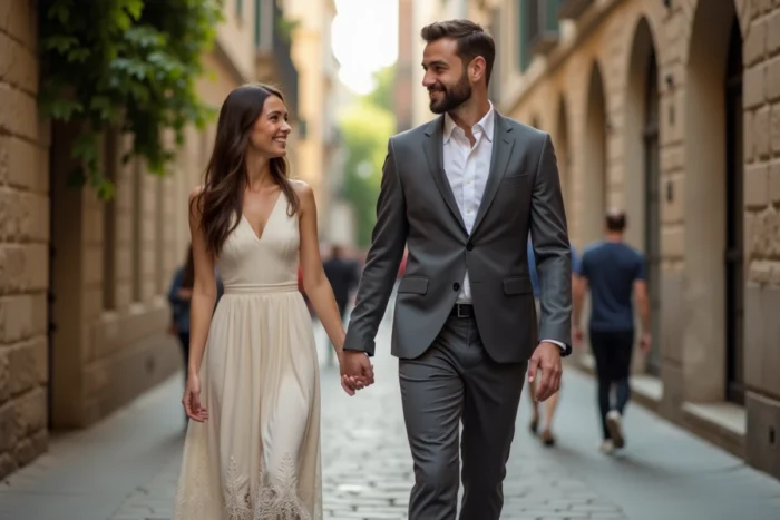 Couple élégant marchant discrètement dans une ruelle pavée européenne lors de leur mariage