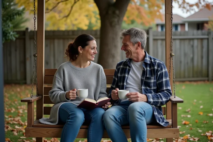 Couple heureux partageant un moment de complicité sur la terrasse en automne