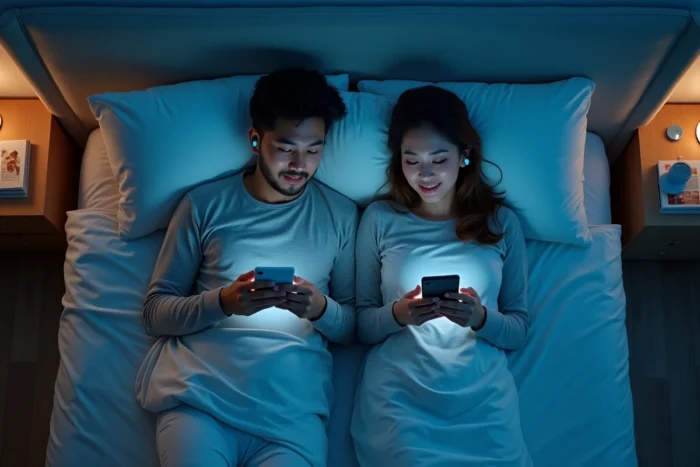 Couple regardant du contenu en streaming sur smartphones dans une chambre moderne et décontractée