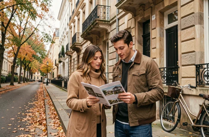 Couple de locataires potentiels examinant des brochures immobilières devant un immeuble résidentiel en pierre