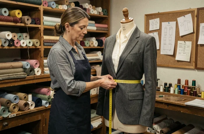 Couturière professionnelle mesurant le tour de taille d'un mannequin dans un atelier de couture authentique pour illustrer les mesures de la taille 38 femme
