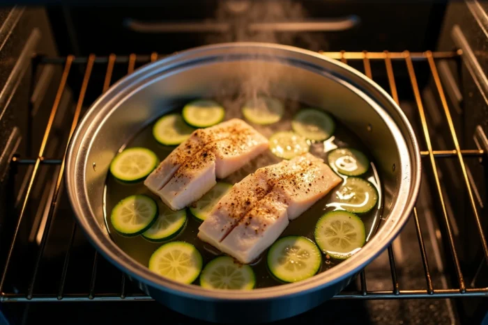Plat de poisson et courgettes en cuisson vapeur dans un four traditionnel avec bain d'eau