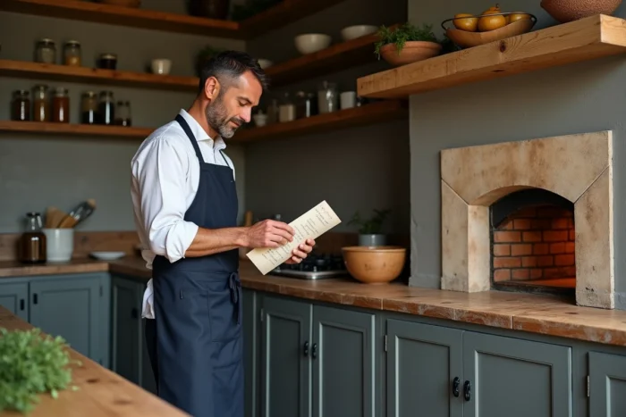 Homme consultant une recette de cuisson vapeur au four dans une cuisine de style provençal
