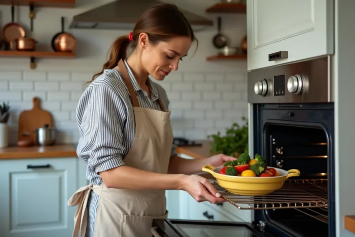 Femme plaçant un plat de légumes dans un four traditionnel pour une cuisson vapeur maison