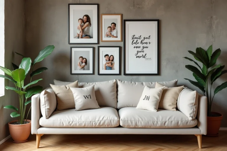 Salon contemporain avec décoration personnalisée : mur de cadres sur mesure, coussins monogrammés et citation encadrée sur fond béton et parquet chêne