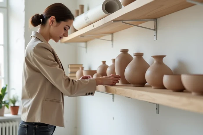 Décoratrice d'intérieur arrangeant une collection de vases céramiques personnalisés sur une étagère en bois dans un studio de design épuré
