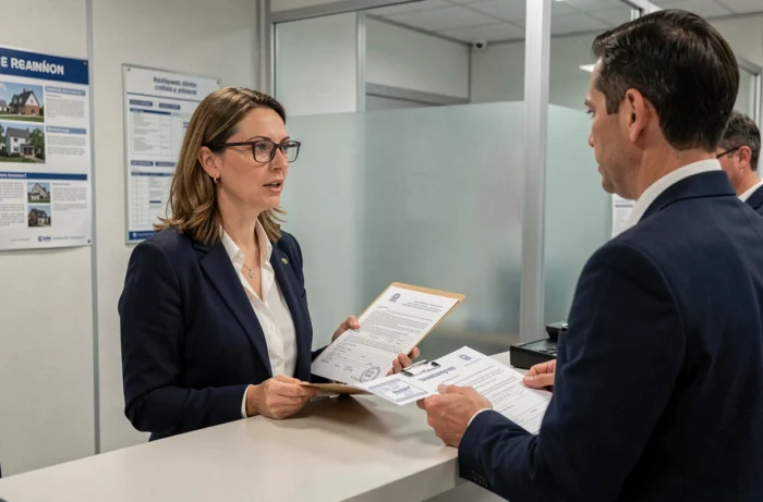 Mujer presentando un expediente de corrección de dirección catastral ante un agente municipal en la ventanilla administrativa