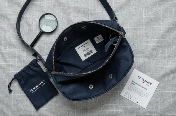 Vista detallada del interior de un bolso Tommy Hilfiger con etiqueta auténtica y elementos de identificación