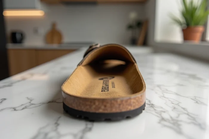 Gros plan sur la semelle intérieure d'une vraie Birkenstock montrant le marquage authentique, le soutien voûtaire et la texture daim pour identifier une paire originale