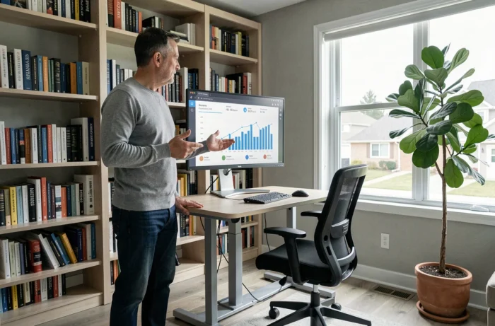 Emprendedor masculino analizando datos de comercio electrónico en una gran pantalla en su oficina en casa
