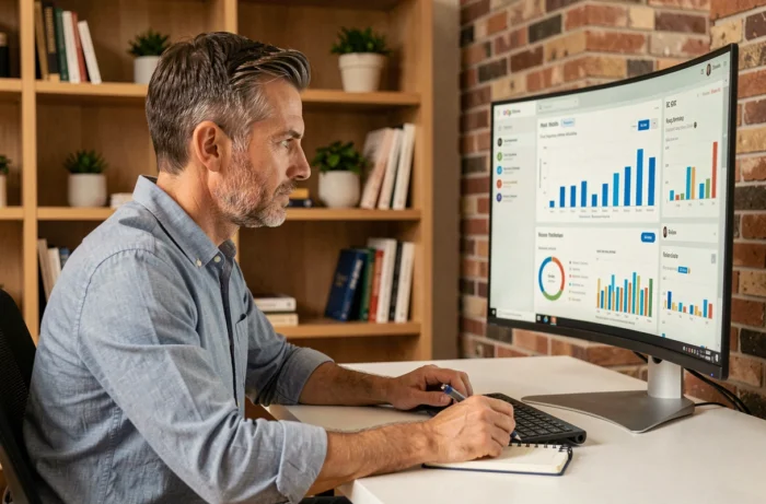 Entrepreneur analysant des tableaux de bord marketing et des indicateurs de performance sur un écran dans un bureau à domicile