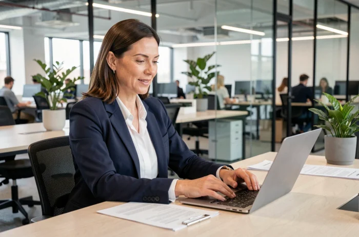 Entrepreneur femme en blazer marine travaillant sur des documents dans un espace de coworking moderne