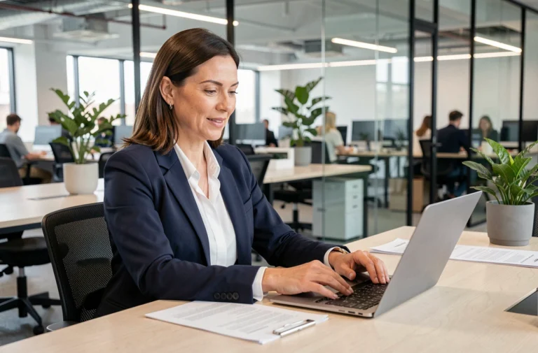 Entrepreneur femme en blazer marine travaillant sur des documents dans un espace de coworking moderne
