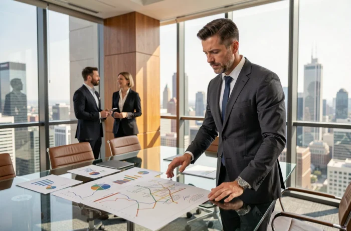 Entrepreneur homme en réunion d'affaires présentant une stratégie de développement professionnel