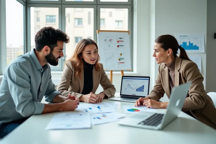 Équipe de professionnels collaborant autour de tendances business et d'innovations stratégiques en salle de réunion