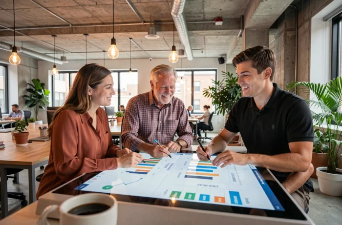 Equipo colaborativo utilizando servicios empresariales en línea innovadores en un espacio de coworking