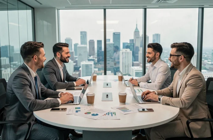 Équipe marketing réunie autour d'une table de réunion discutant des performances et stratégies d'entreprise en 2024