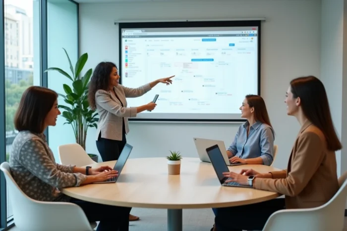 Équipe de professionnels motivés collaborant avec des outils innovants lors d'une réunion en entreprise
