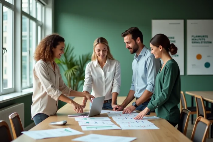 Équipe de professionnels de santé collaborant dans un espace coworking dédié au bien-être