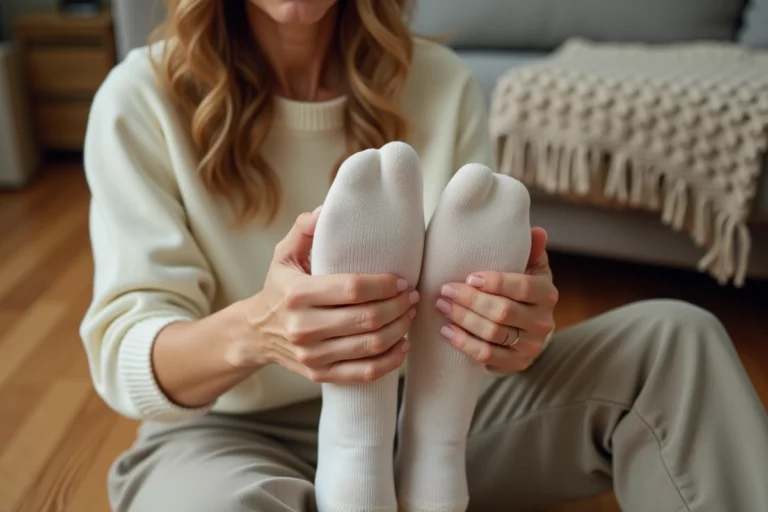 Femme qui étire manuellement des chaussettes en coton trop serrées assise sur un parquet en bois dans un salon cosy