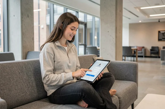 Estudiante usando su tableta para acceder a Mi Campus Digital ESME en un espacio común universitario
