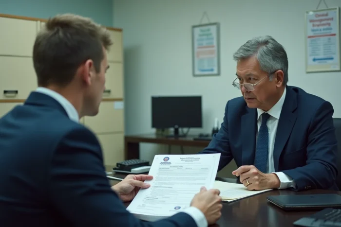 Examinateur et candidat chauffeur taxi VSL lors d'une évaluation officielle des diplômes dans un bureau administratif