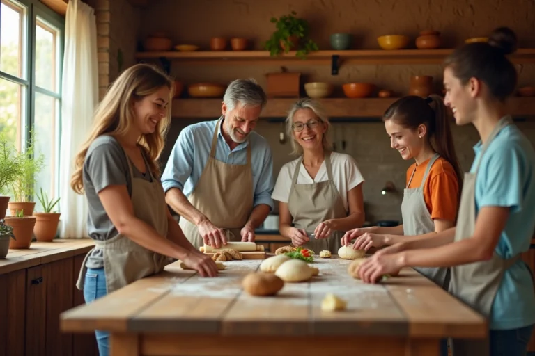 Famille épanouie cuisinant ensemble dans une cuisine chaleureuse et conviviale au quotidien