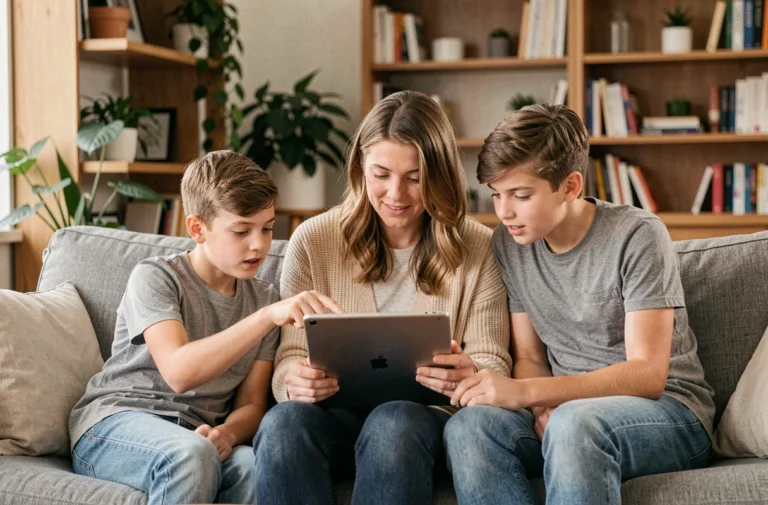 Une mère et ses deux adolescents consultent ensemble une tablette numérique dans un salon familial moderne, illustrant l'usage partagé des nouvelles technologies en famille