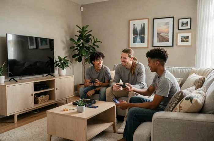 Une famille diverse réunie dans le salon autour d'un écran de télévision connectée, avec smartphone et manette de jeu, illustrant la cohabitation des technologies numériques au sein du foyer