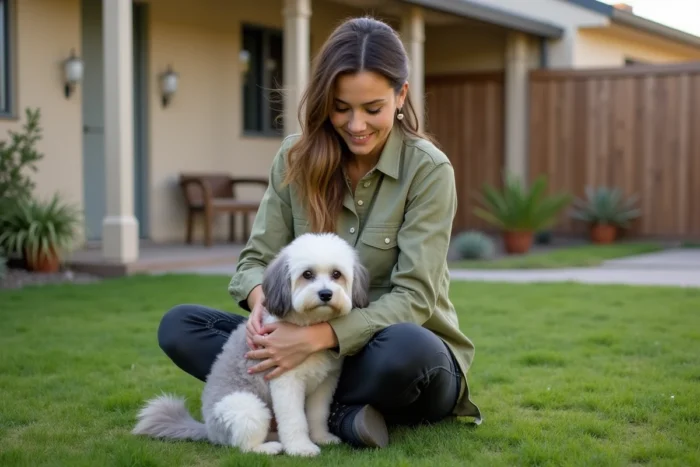 Femme adoptant un petit chien blanc et gris dans un centre d'adoption près de Langon, Gironde