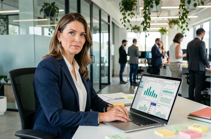 Femme d'affaires utilisant des services en ligne pour booster son entreprise depuis un bureau moderne