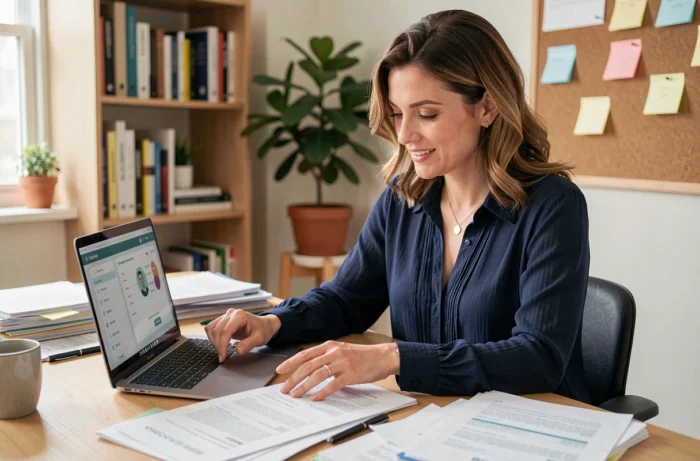 Femme consultant des documents d'aides financières pour sa formation professionnelle à son bureau à domicile