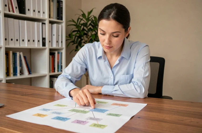 Femme analysant un plan de site organisé sous forme d'organigramme imprimé dans un bureau moderne