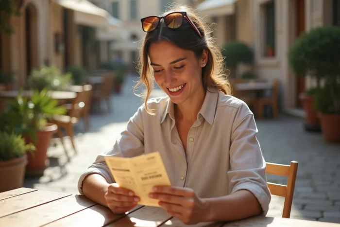 Femme consultant un billet pour le festival des Vieilles Charrues à une terrasse de café en France