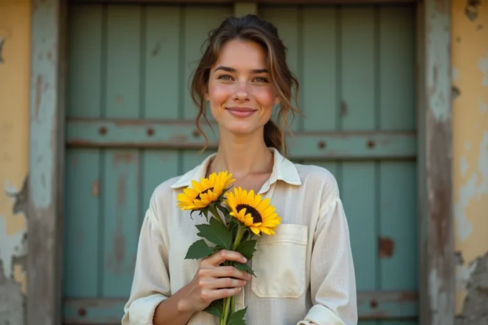 Jeune femme souriante tenant un bouquet de tournesols devant une porte en bois rustique, évoquant la joie et la chaleur du langage des fleurs