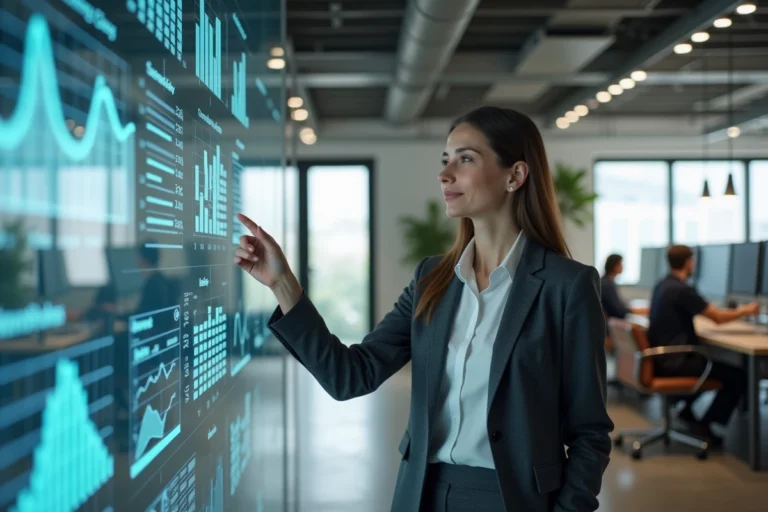 Femme cadre analysant des tendances business sur un tableau de données numérique dans un bureau technologique moderne