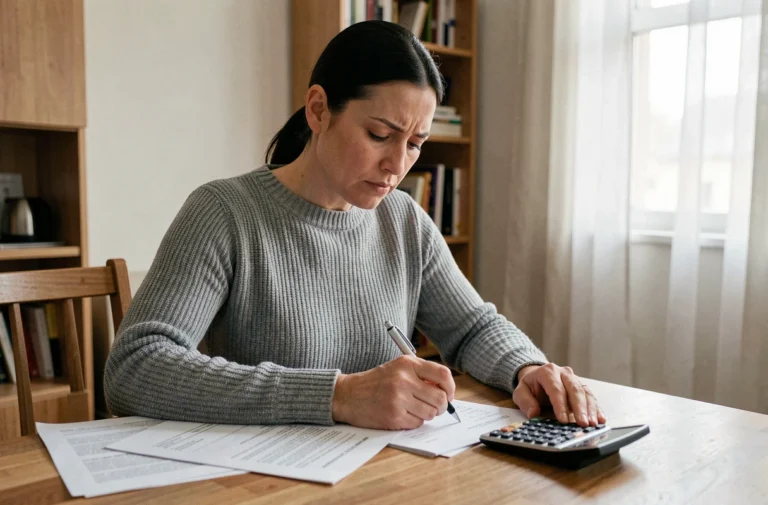 Femme calculant son taux d'endettement avec des documents de loyer et une calculatrice sur une table en bois
