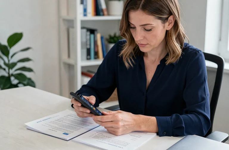 Femme professionnelle numérisant des documents importants sur son smartphone pour les stocker dans un coffre-fort numérique