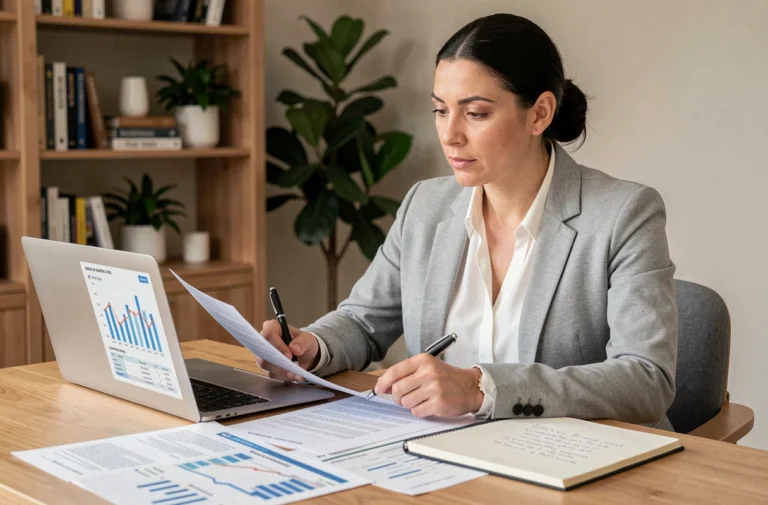 Femme de 38 ans consultant des documents de crédit sur son bureau à domicile pour comparer les offres de prêt adaptées à ses besoins financiers