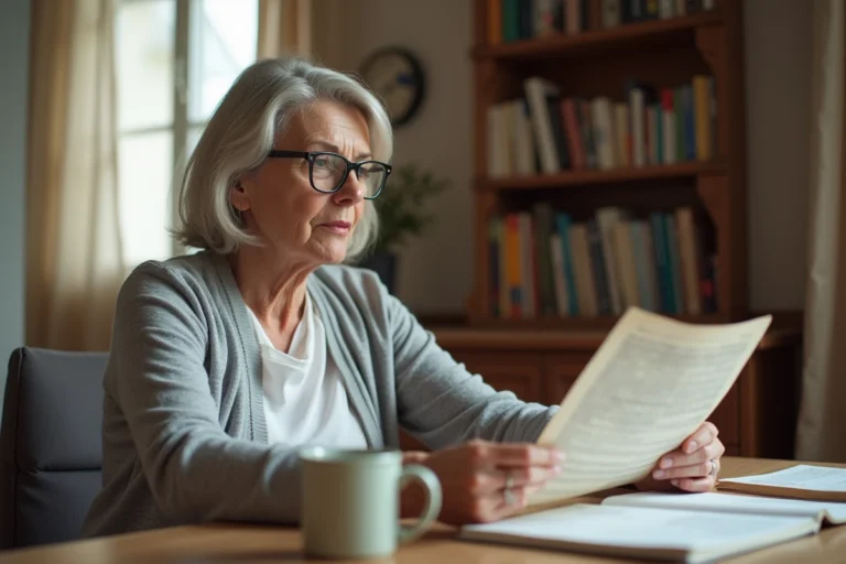 Femme d'âge mûr consultant des relevés bancaires anciens et un livret d'épargne à sa table de cuisine, illustrant la gestion des comptes dormants