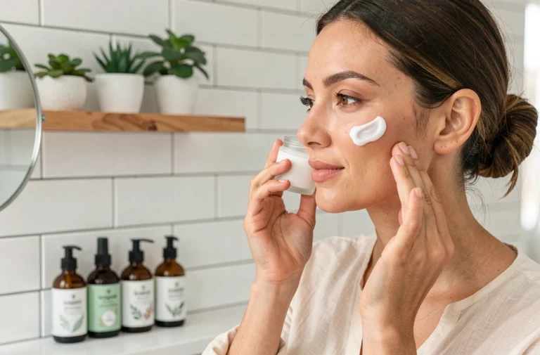Femme appliquant une crème visage vegan Veganie dans une salle de bain naturelle et minimaliste