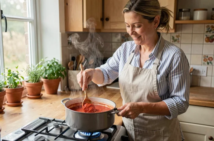 Femme préparant une sauce tomate maison dans une cuisine familiale chaleureuse, recette facile et gourmande