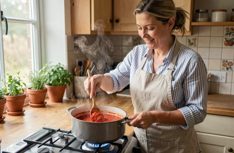 Femme préparant une sauce tomate maison dans une cuisine familiale chaleureuse, recette facile et gourmande