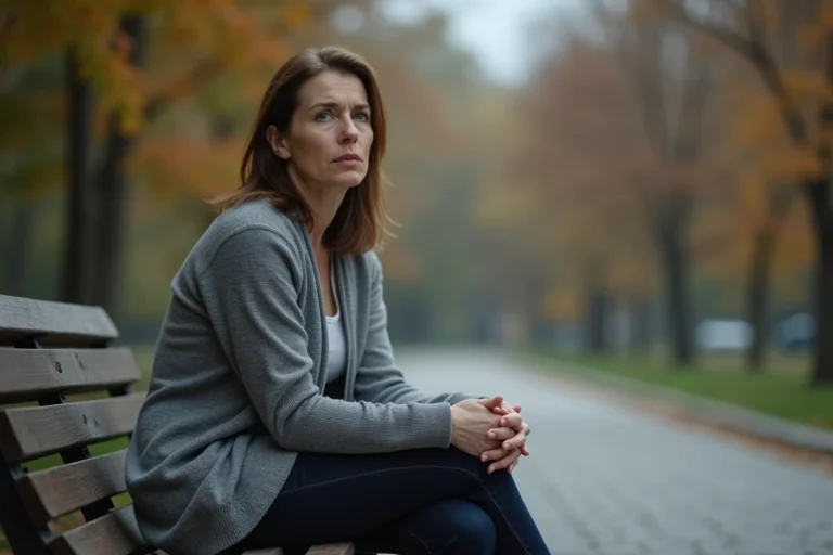 Femme en état de détresse émotionnelle assise seule dans un parc, illustrant les symptômes de repli sur soi du syndrome de stress post-traumatique
