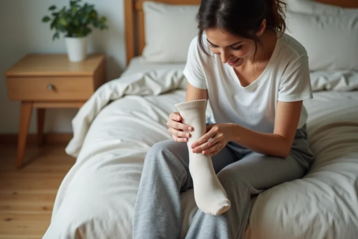 Femme examinant la couture intérieure d'une chaussette pour identifier le bon pied avant de l'enfiler
