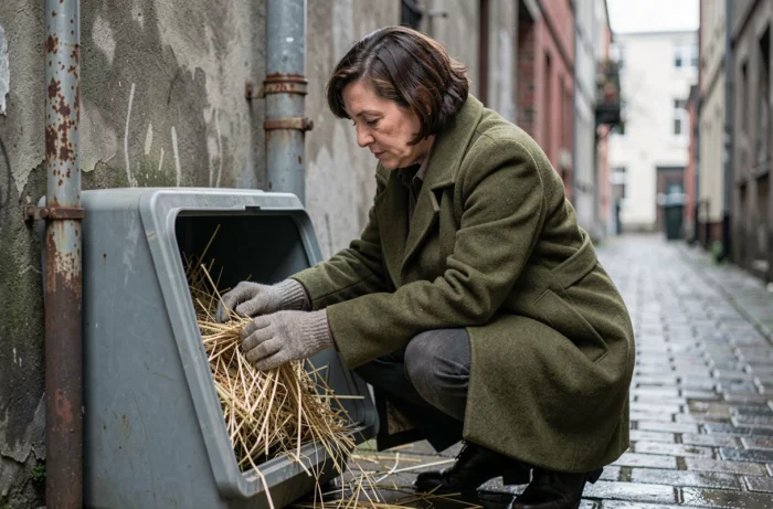 Femme installant de la paille isolante dans un abri pour chat errant en plastique recyclé dans une ruelle urbaine en hiver