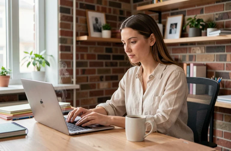 Femme lisant des articles tendances sur un ordinateur portable dans un bureau à domicile moderne et chaleureux
