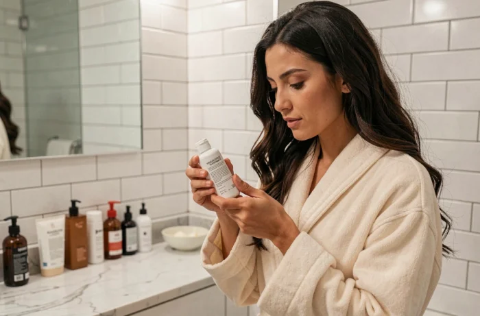 Femme lisant attentivement l'étiquette d'un produit capillaire vermogal dans une salle de bain moderne