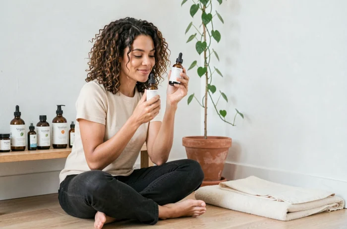 Jeune femme lisant les ingrédients d'un produit cosmétique vegan Veganie chez elle