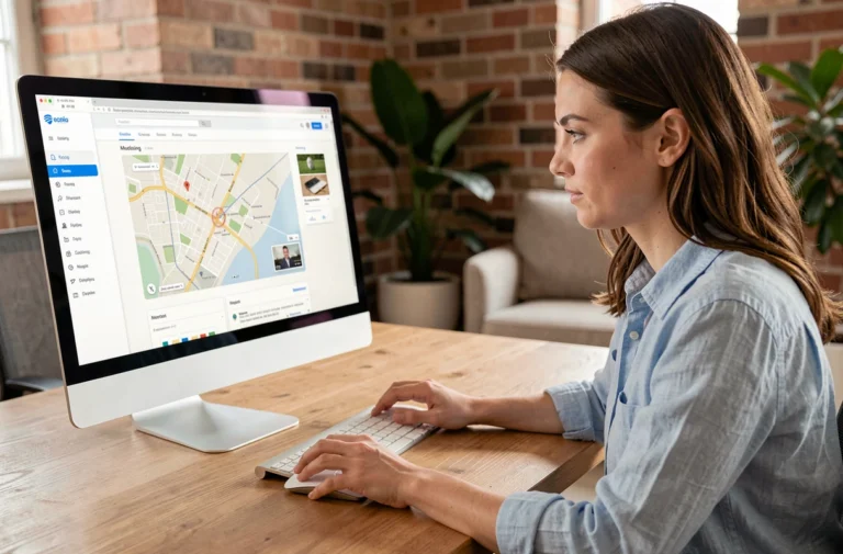 Femme naviguant sur un plan de site web sur un ordinateur de bureau dans un bureau moderne